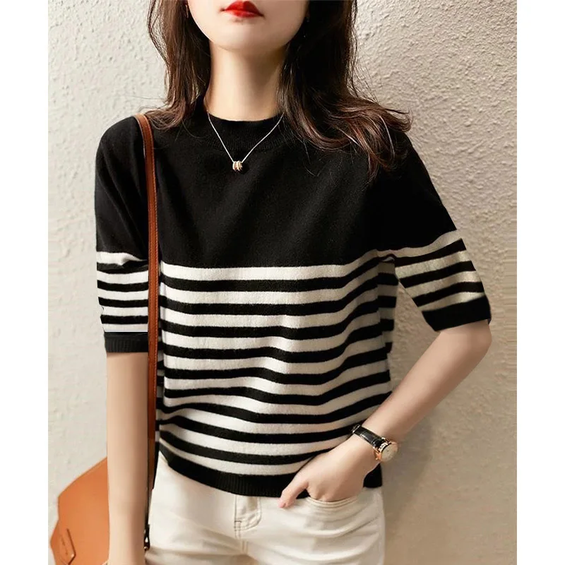 

Корейская полосатая футболка с коротким рукавом, летняя, свободного кроя, универсальный дизайн, повседневная, базовая, с цветными блоками и узором