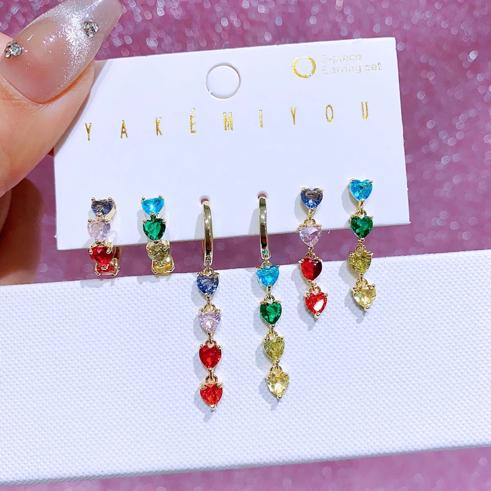 MIGGA 6pcs Multicolor Heart Dangle Earrings Set Gold Color Plated Cubic Zircon Women Party Jewelry