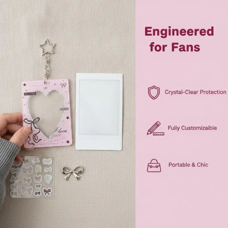 Heart Bow Photocard Holder With Star Keychain Cute Lace Frame ID Card Cover Kpop Photocard Sleeve Bag Pendant Gift For Fans Girl