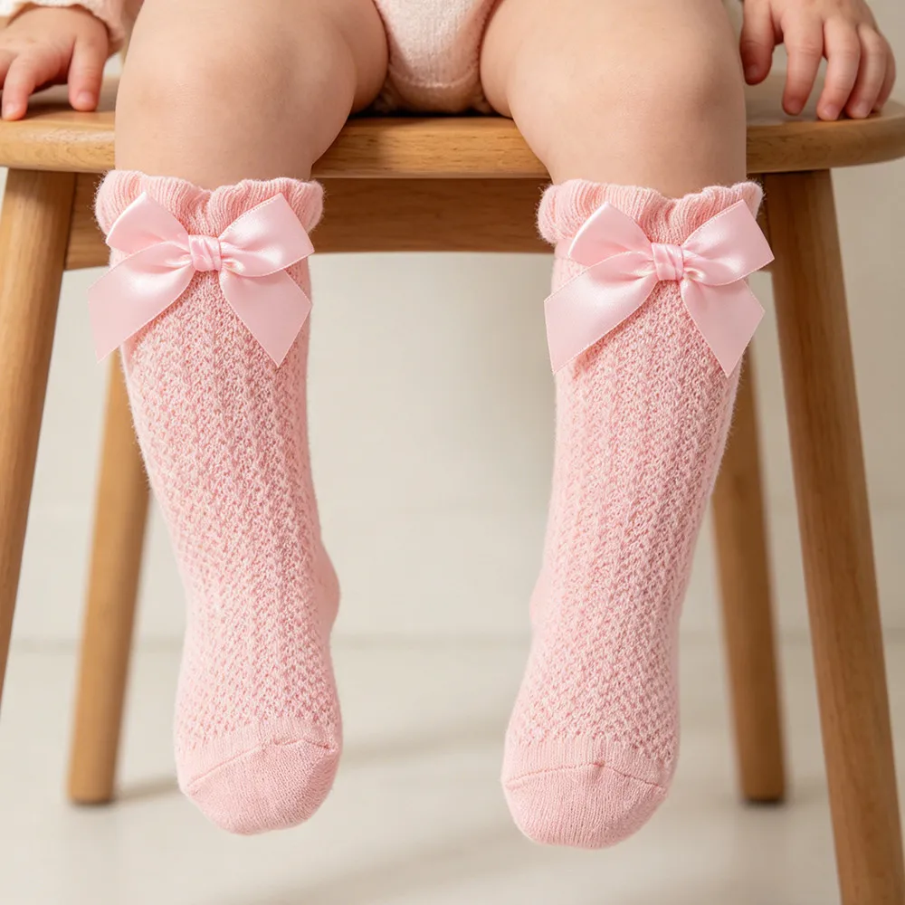 3Pairs Baby Girls Knee High Socks Hollow Mesh Knit Satin Bow Ruffle Cuff Newborn Toddler Long Stockings Photo Prop