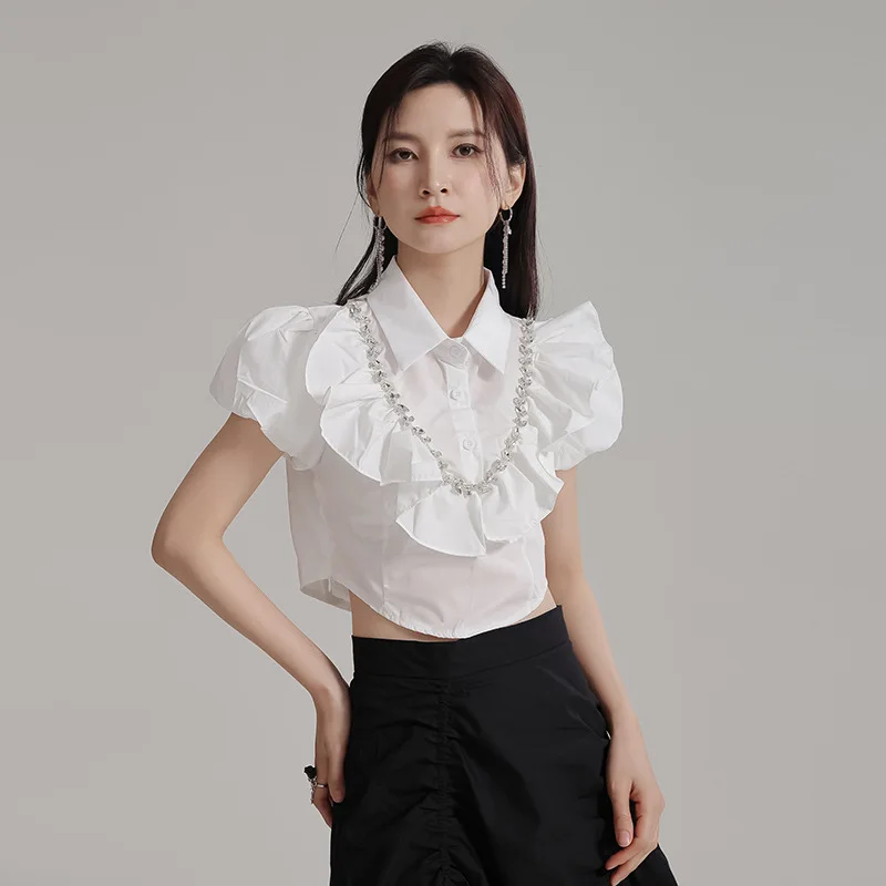 

2024 Summer Design oriented Top Heavy Industry Handmade Diamond Ear Edge Splicing Single breasted Short Women's Shirt