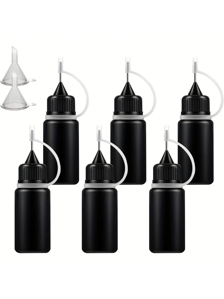 Bouteilles à presser noires à pointe de précision, 6 pièces, 0.34 oz, résistantes à la lumière, avec 2 accessoires de distributeur d'entonnoir