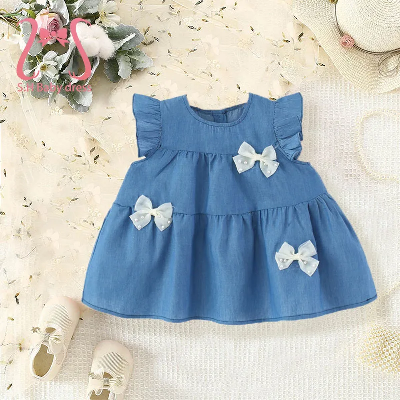 0-4 Y Summer Baby Girl Dress Sweet Bow Children Daliy Wear Fashionable Newborn Blue Faux Denim Clothing Kid Comfortable Outfit