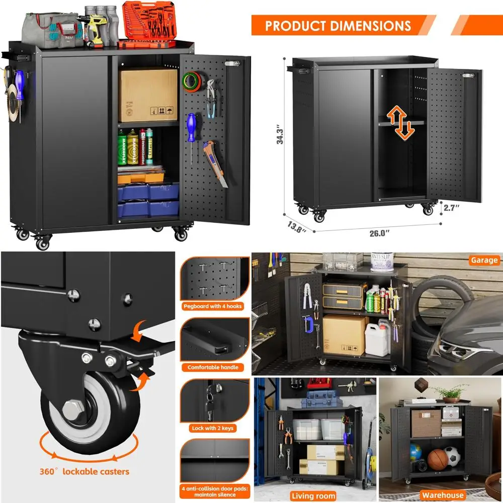 Металлический комод для инструментов на колесиках с замком и колесиками, 2-дверный стальной шкаф для хранения в гараже с регулируемыми полками
