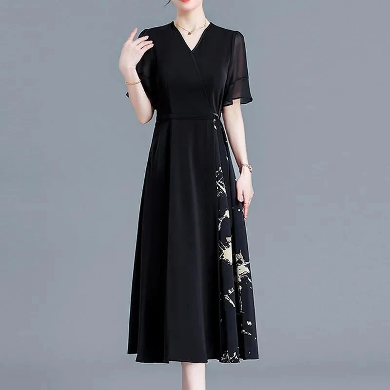 New Chinese Style Women Long Dress Fashion Short Sleeve V-Neck Elegant Dress 5XL Large Size Middle-aged Mother Black Vestidos