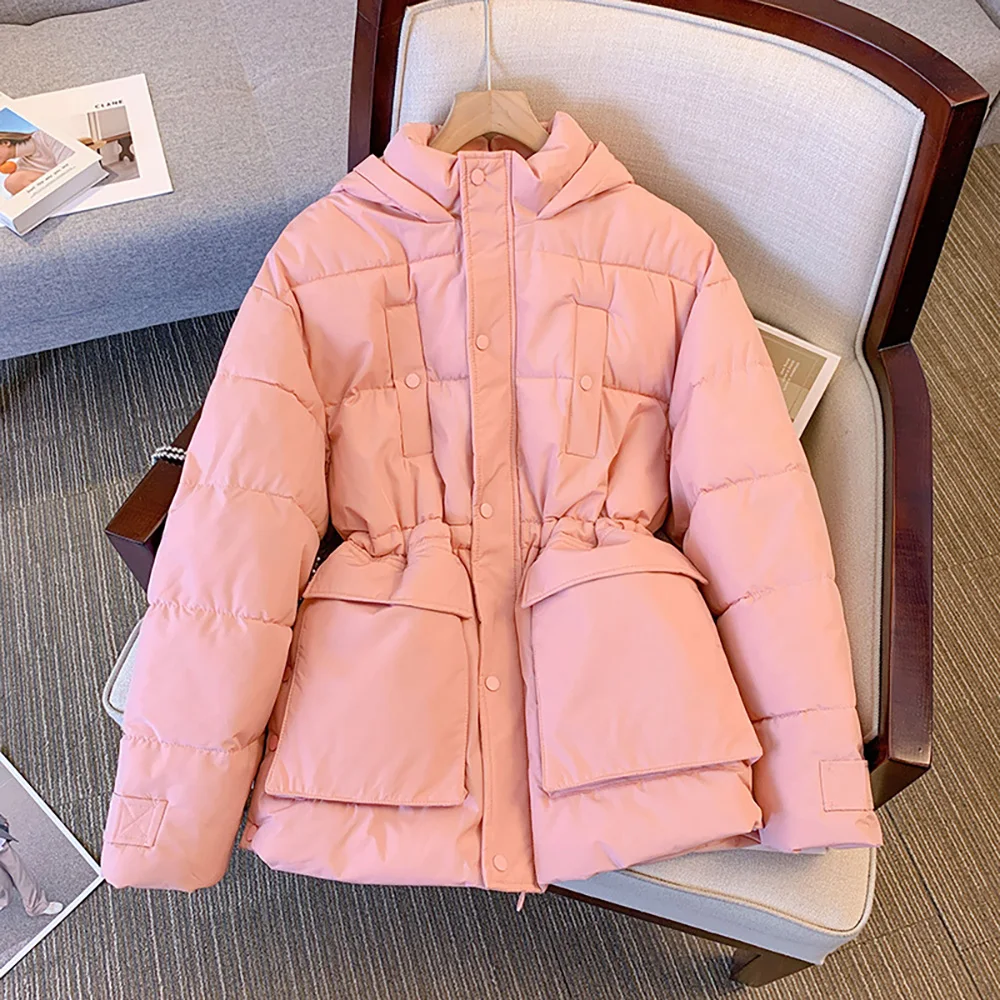 Damska grube wyściełane kurtki 2023 moda zimowa luźna wiązanie w pasie płaszcze bawełniane jednolita, różowa duży płaszcz z kapturem z kieszeniami