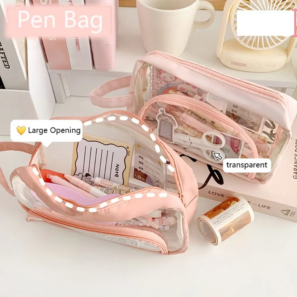Portable Large Capacity Pen Bag Multi-function Waterproof Cosmetic Bag Double-layer Transparent Stationery Bag Students