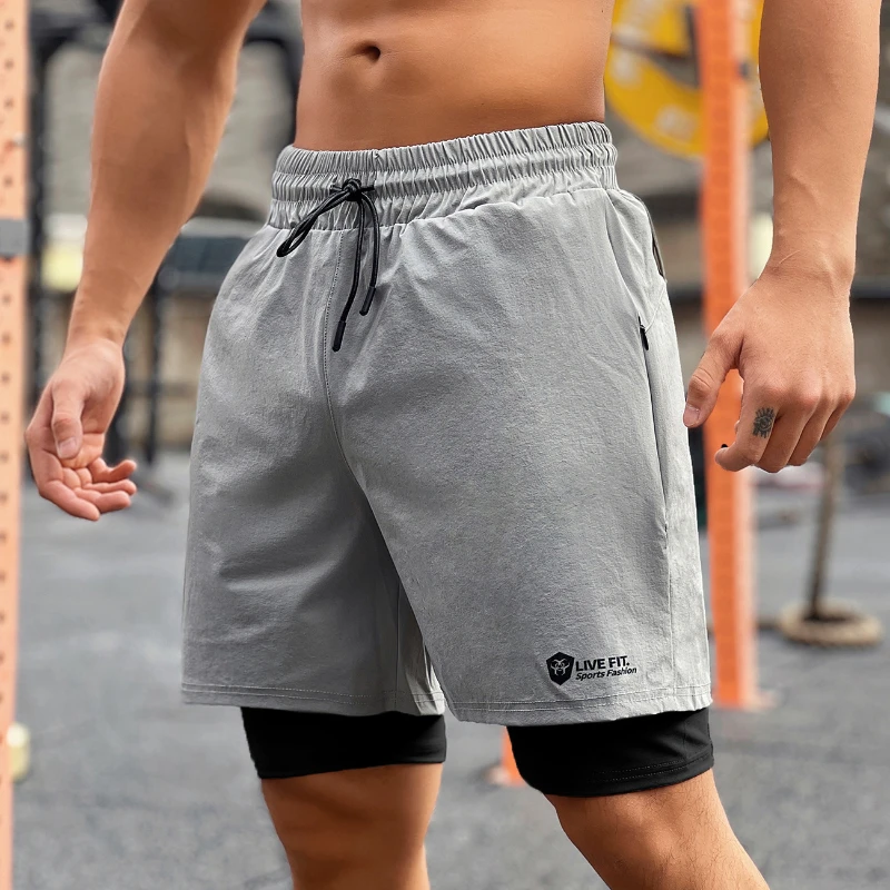 Man Gym Quick Drying Shorts Men\'s Jogger Fitness Sports Running Casual Short Pants Basketball Workout Double-decker 2in1 Shorts