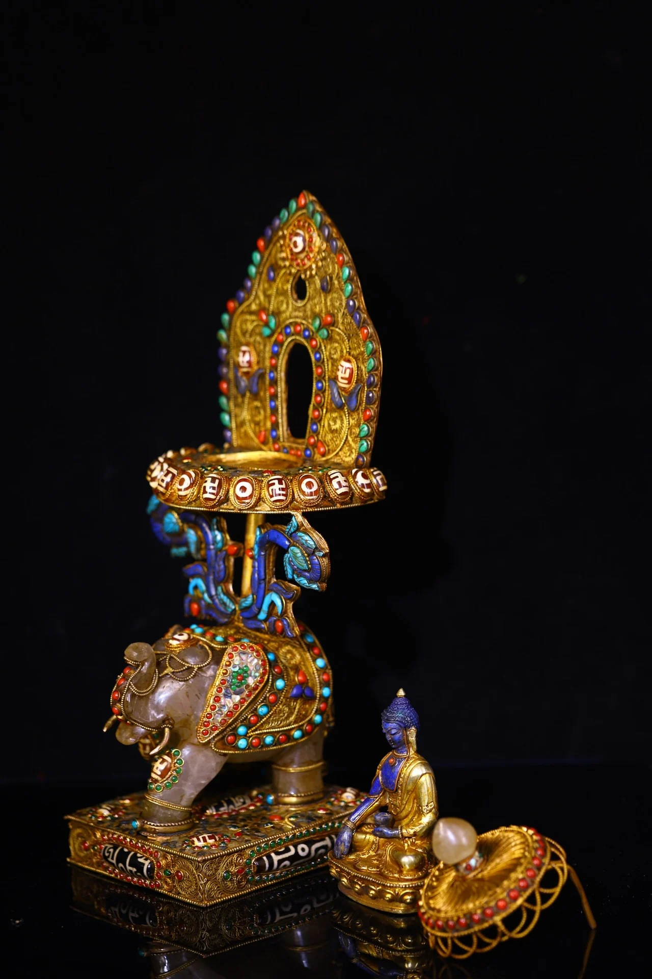 16"Nepalese folk Old Crystal Mosaic Gem gZi Beads lapis lazuli Shakyamuni Buddha Sit Elephant Statue Buddhist Niche view 5