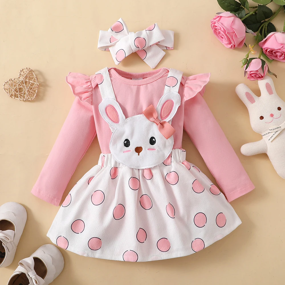 LAPA 0-18M Infant Sweet Outfit Baby Girls Ruffled Long Sleeve Romper+Cute Rabbit Print Suspender Dress+Headband 3PCS Dress Set