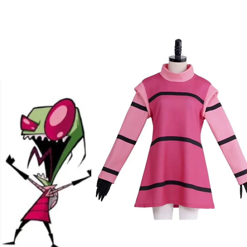 Anime Invader  ZIM Cosplay Costume Pink Striped Dress Halloween Carnival  Outfits