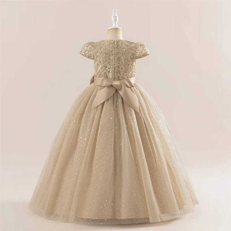 Elegant Green Girls Formal Ball Gown Scoop Neck and Short Sequin Lace Sleeves Pageant Dress Floor-Length Flower Girl Dress