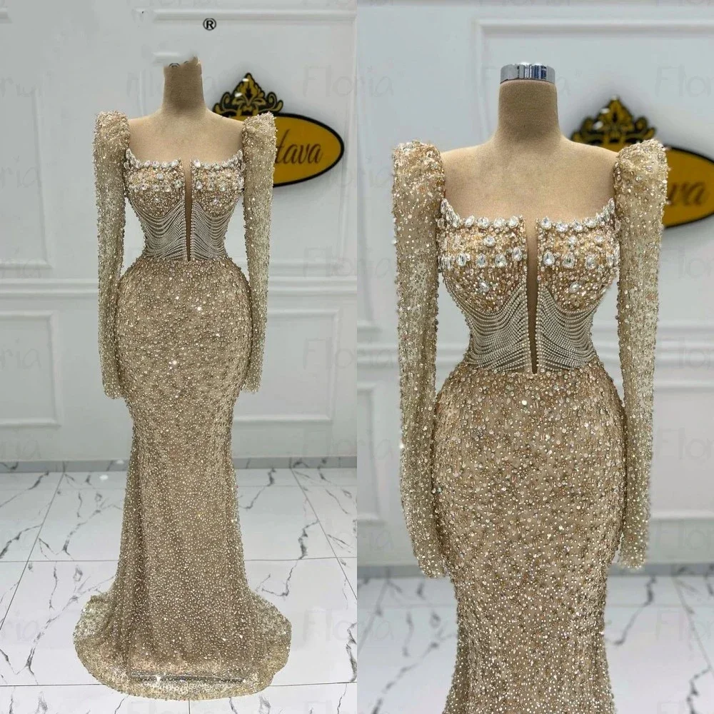 Arabic Mermaid Champagne Evening Dress For Wedding 2024 Luxury Beaded Formal Prom Party Gowns Bride Crystals Robe Female Retro