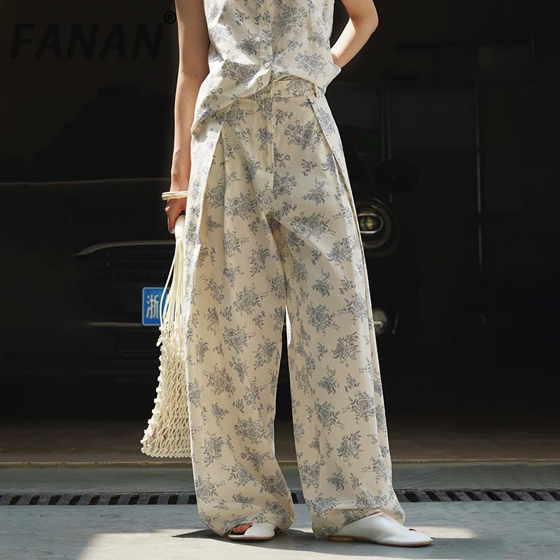 

FANAN Print Contrast Color Pants For Women High Waist Straight Wide Leg Trousers Fashion Female Trousers 2025 Summer New