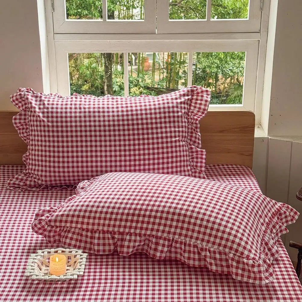 

Red Ruffled Plaid Gingham Standard Size Pillow Shams 20""X26"", Set Of 2 Green Checked Pre-Washed Microfiber Farmhouse