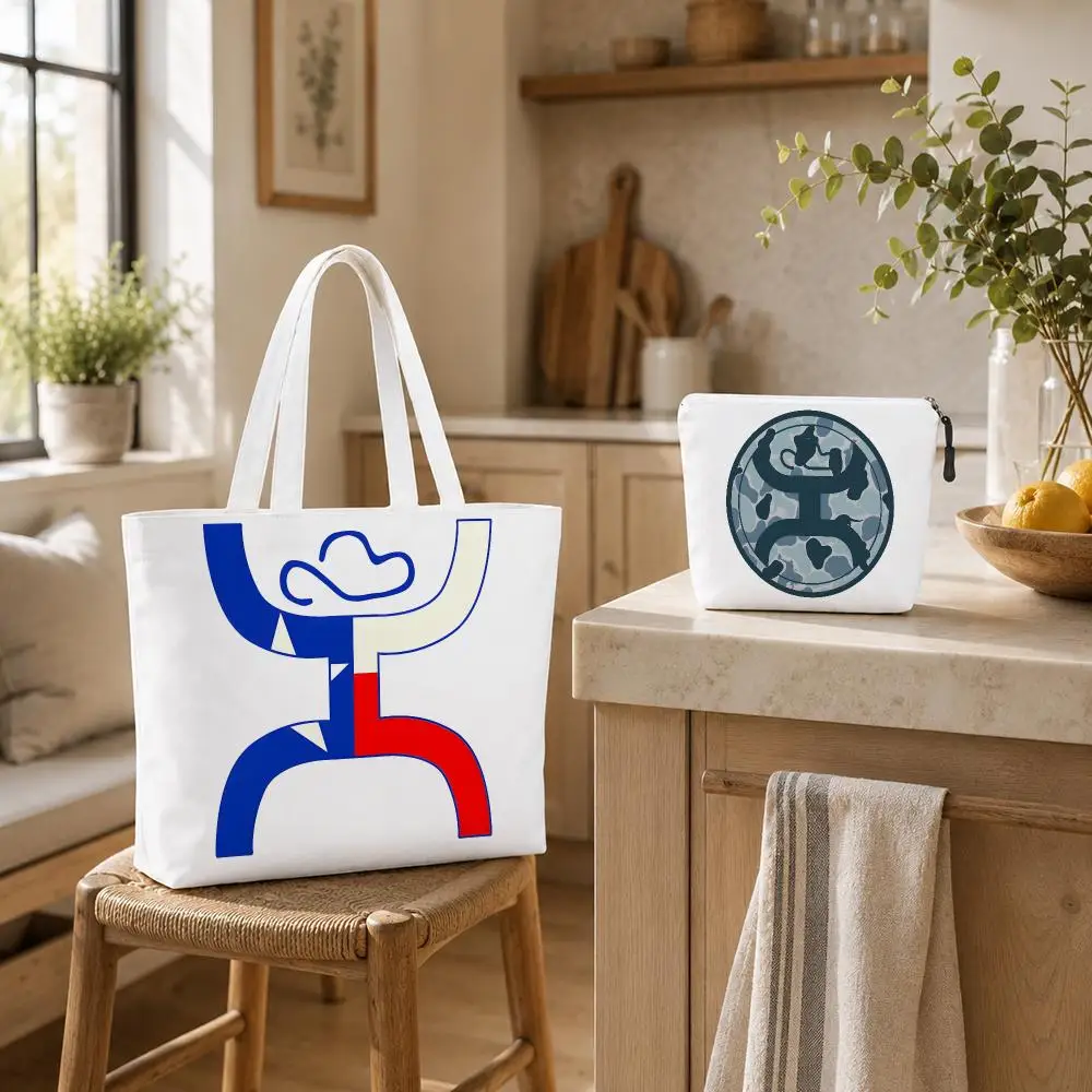 Western Style H-Hooey Texas Storage Bags 2-Piece Canvas Tote Bag Set Double-Sided Print with Zipper Pouch Travel Gift for Women