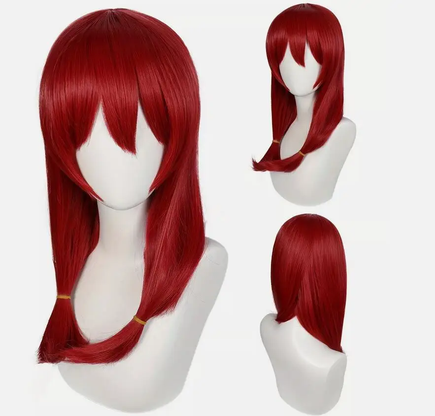 Synthetic Hair Medium Length Straight Wine Red Anime Cosplay Wig With Bangs