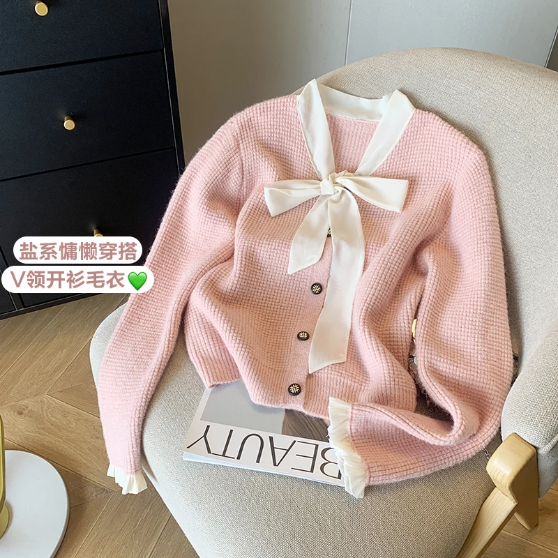 Xiaoxiangfeng Knitted Lace Up Cardigan For Women'S Spring New Design, Colorful Butterfly Tie Up Knitted Sweater Coat 2024 New