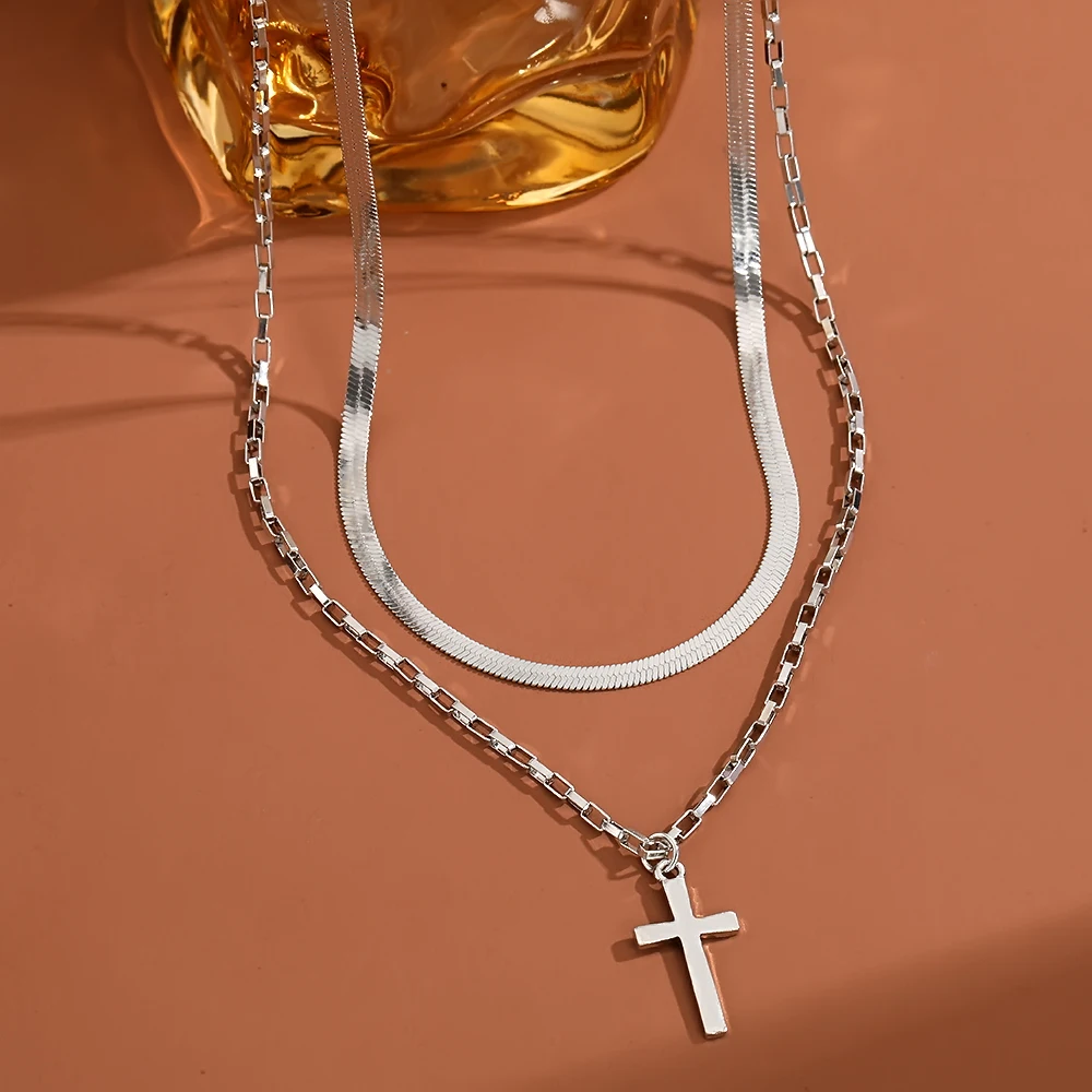 IFMYA Punk Fashion Cross Pendants Necklace For Women Silver Color Multilayered Snake Chain Necklace Female Jewelry