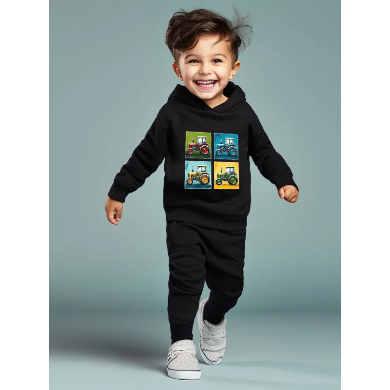 Spring and Autumn Boys Hoodie Two Piece Cartoon Tractor Letter Printing Casual Versatile Pants Set 2319A