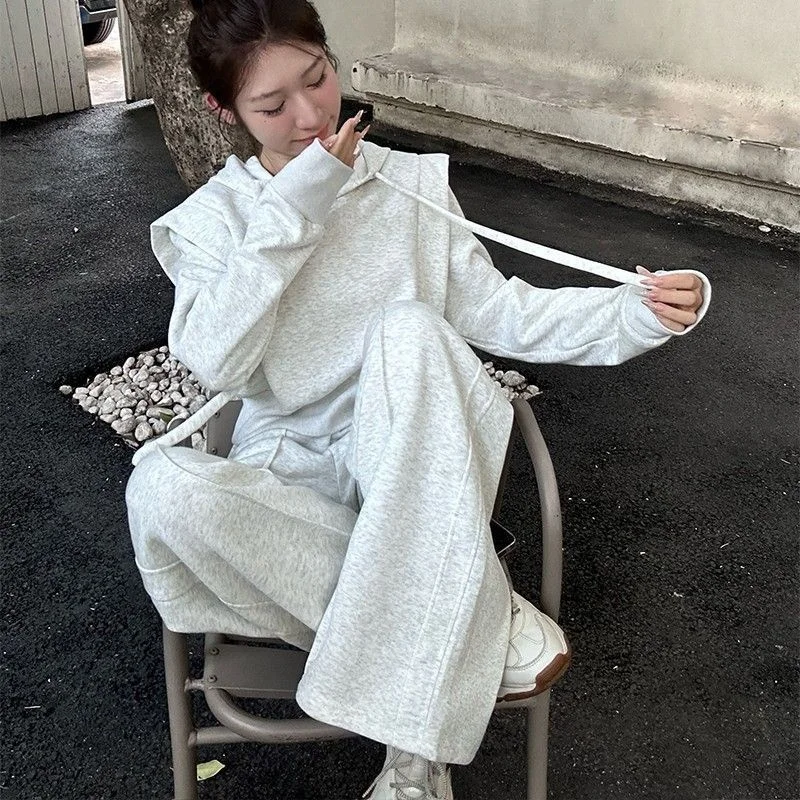 

Autumn and winter high-end fashion women's casual suit American retro two-piece set hooded fake two-piece hoodie+flared pants