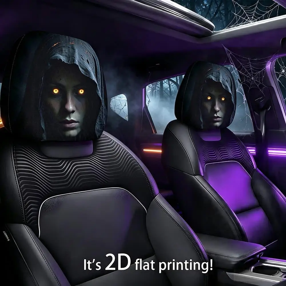 Halloween Scary Car Headrest 2/4pcs Horror Covers Reaper Lady Print Universal Car Seat Cover Breathable Elastic for Sedan, Truck