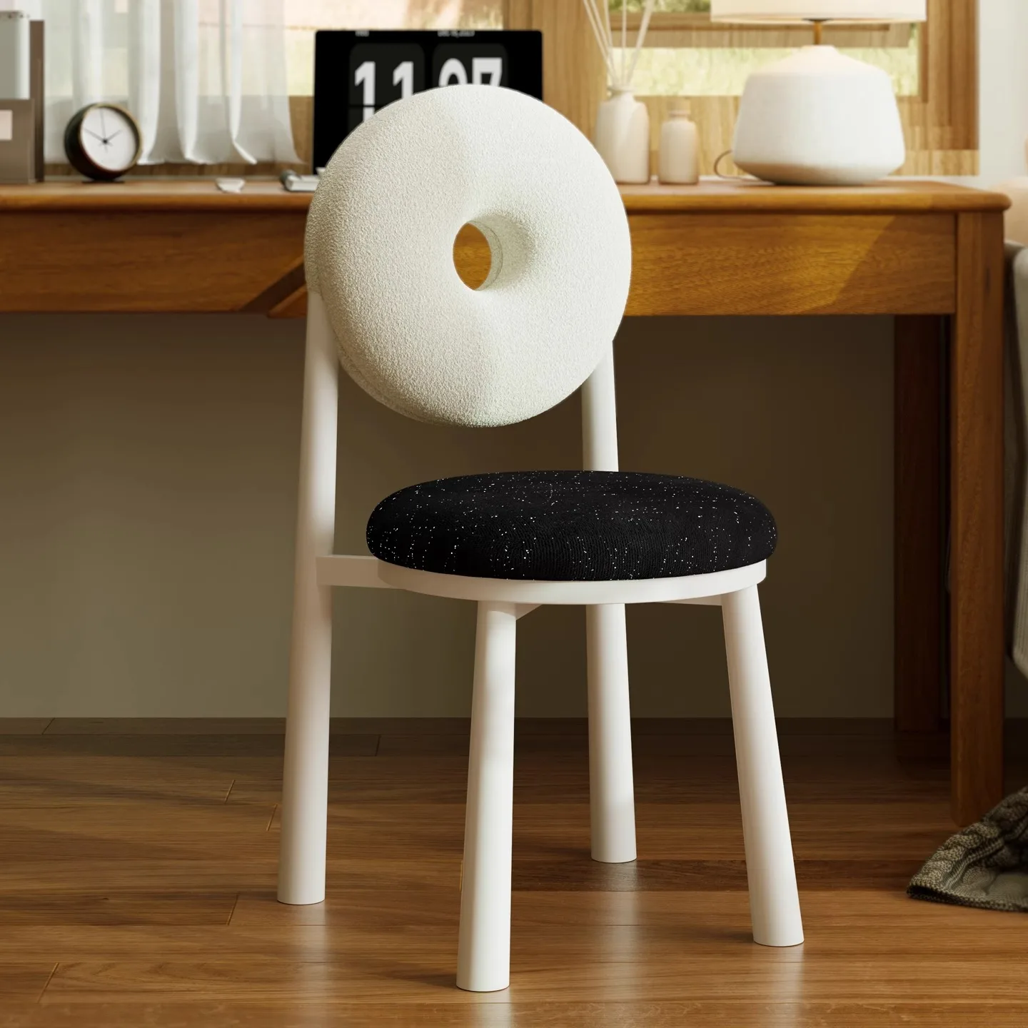 

Nordic Makeup Chair Donut Shape Dining Chair Modern Simple Backrest Wool Velvet Chair Cream Style Home Ins Living Room Furniture