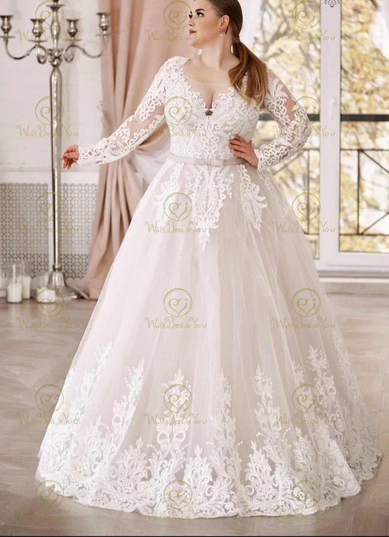 Marfim-champanhe vestidos de casamento plus size 2022 mangas completas longo até o chão renda applique tule vestido de noiva elegante vestido de baile