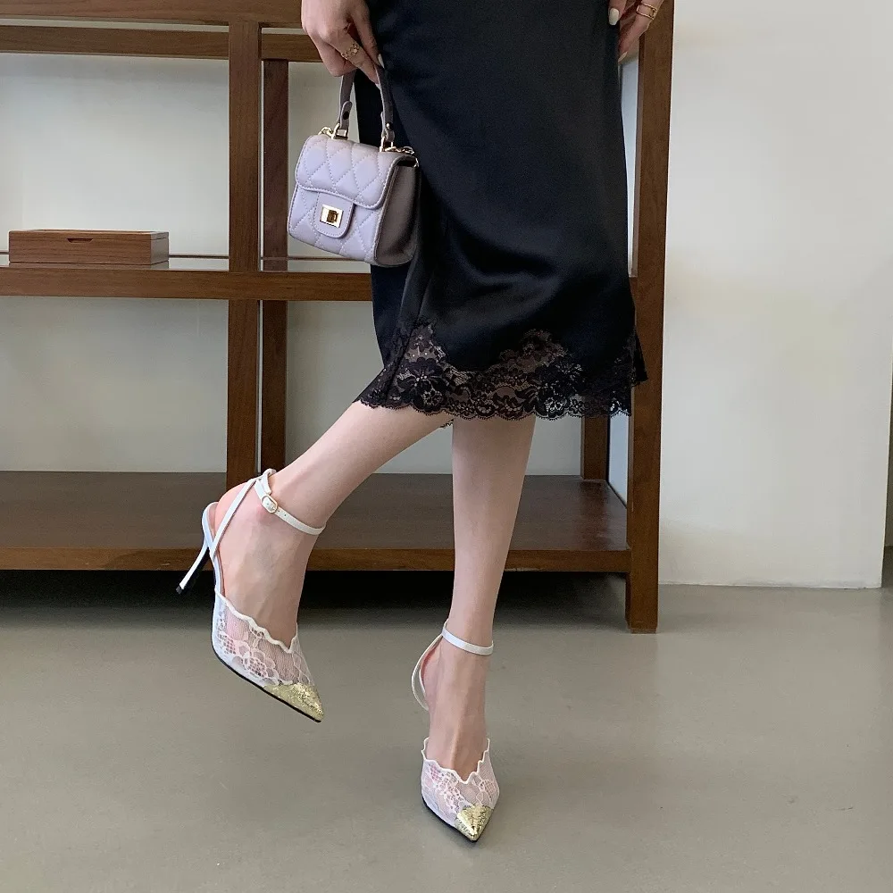 Aneikeh Elegant White Lace Slingback Stiletto Heels Pointed Toe Ankle Strap Buckle Sandals Wedding Party Ladies Dress Pumps