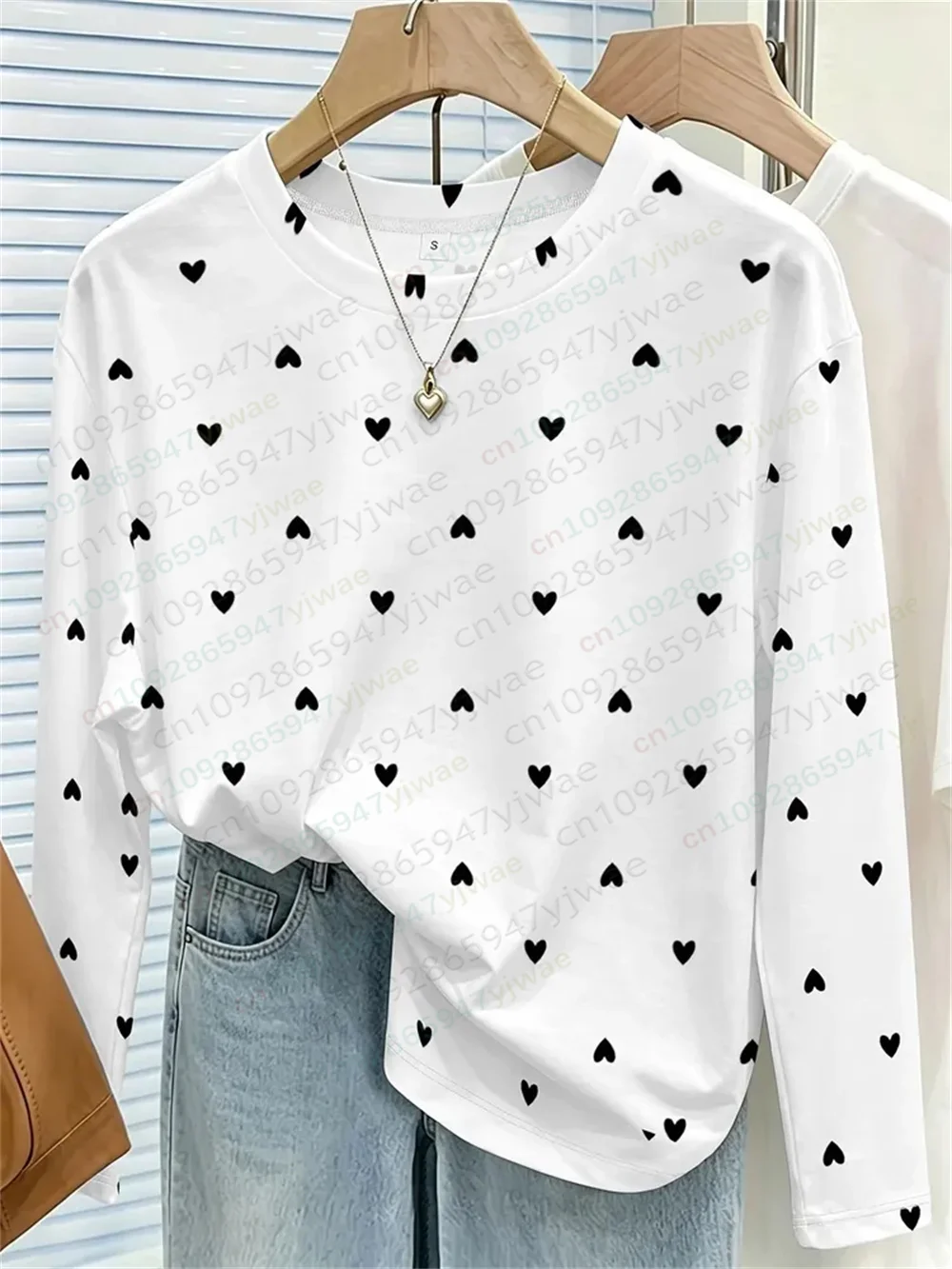 Herbstliches Damen-T-Shirt mit Herzmuster und Schleife, gestreift, lässig, langärmelig, Rundhalsausschnitt, locker geschnitten, atmungsaktiv, hochwertiges, vielseitiges T-Shirt – Detail 16