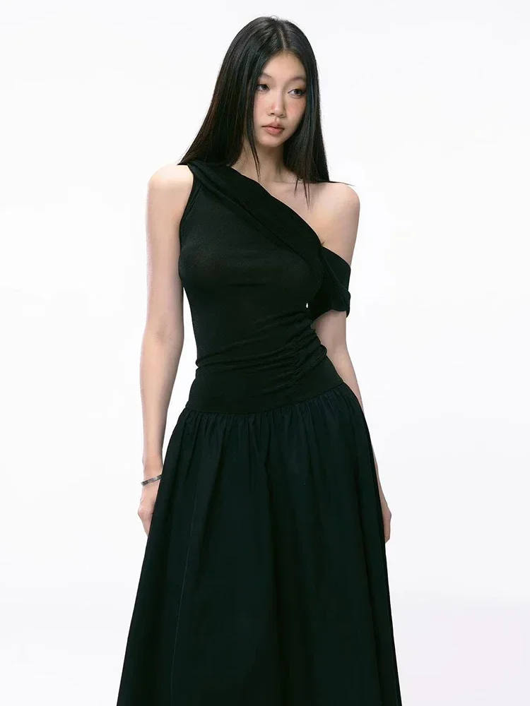 Elegant Hepburn Style Slash Neck Women Midi Dress Y2K Sexy One Shoulder Sleeveless Black Dress Summer Evening Party Vestidos