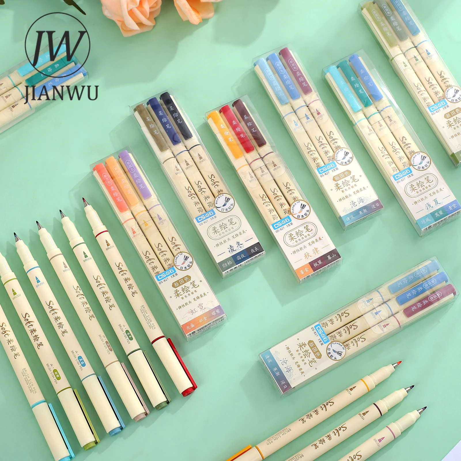 JIANWU 3 Pcs/Set  Four Seasons Soft Painting Pen Student Drawing Writing DIY Journal Art Markers Pens Stationery School Supplies