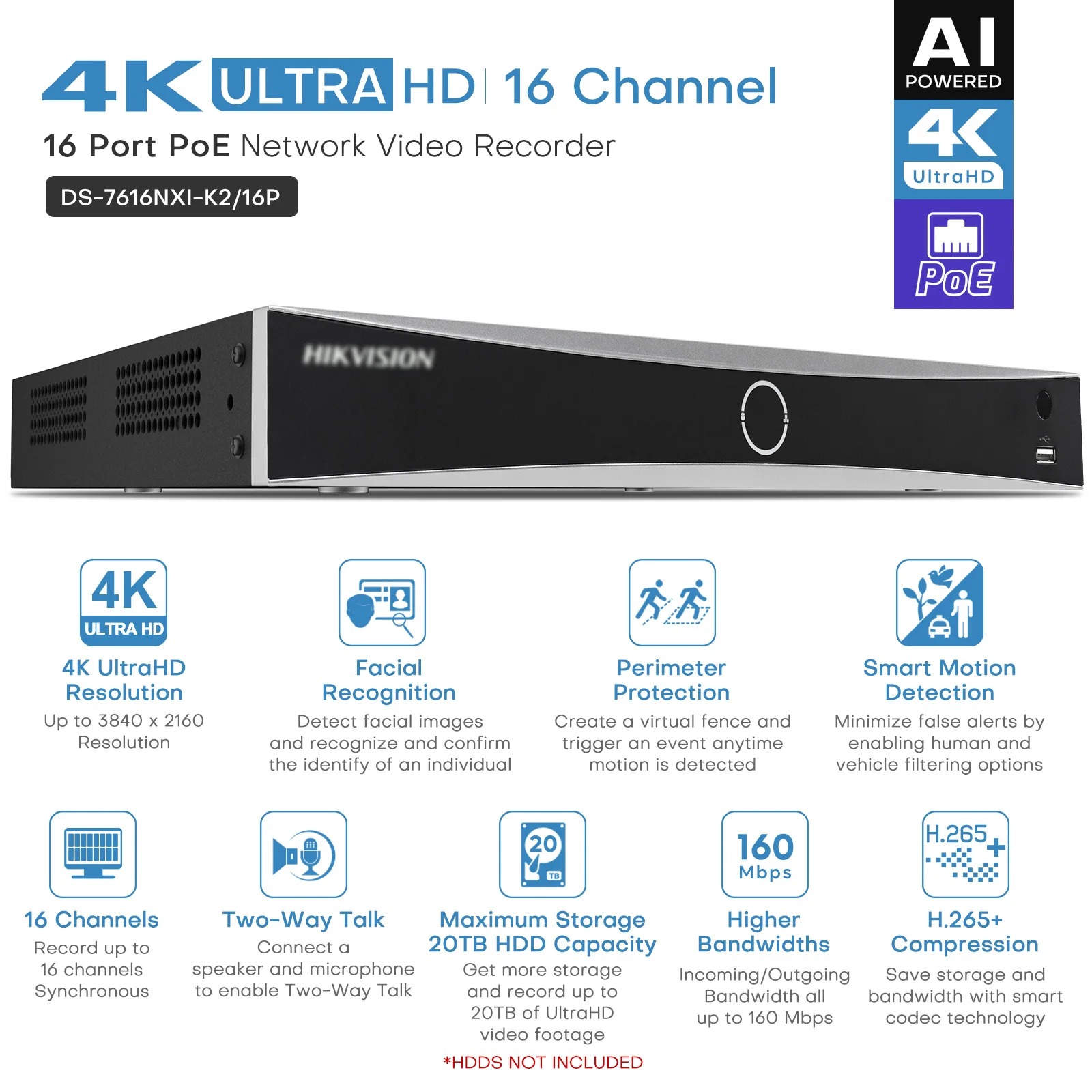 Hikvision 16ch PoE K Series AcuSense 4K NVR DS-7616NXI-K2/16P 2HDDs 160 Mbps Hik-Connect Facial Recognition Perimeter Protection