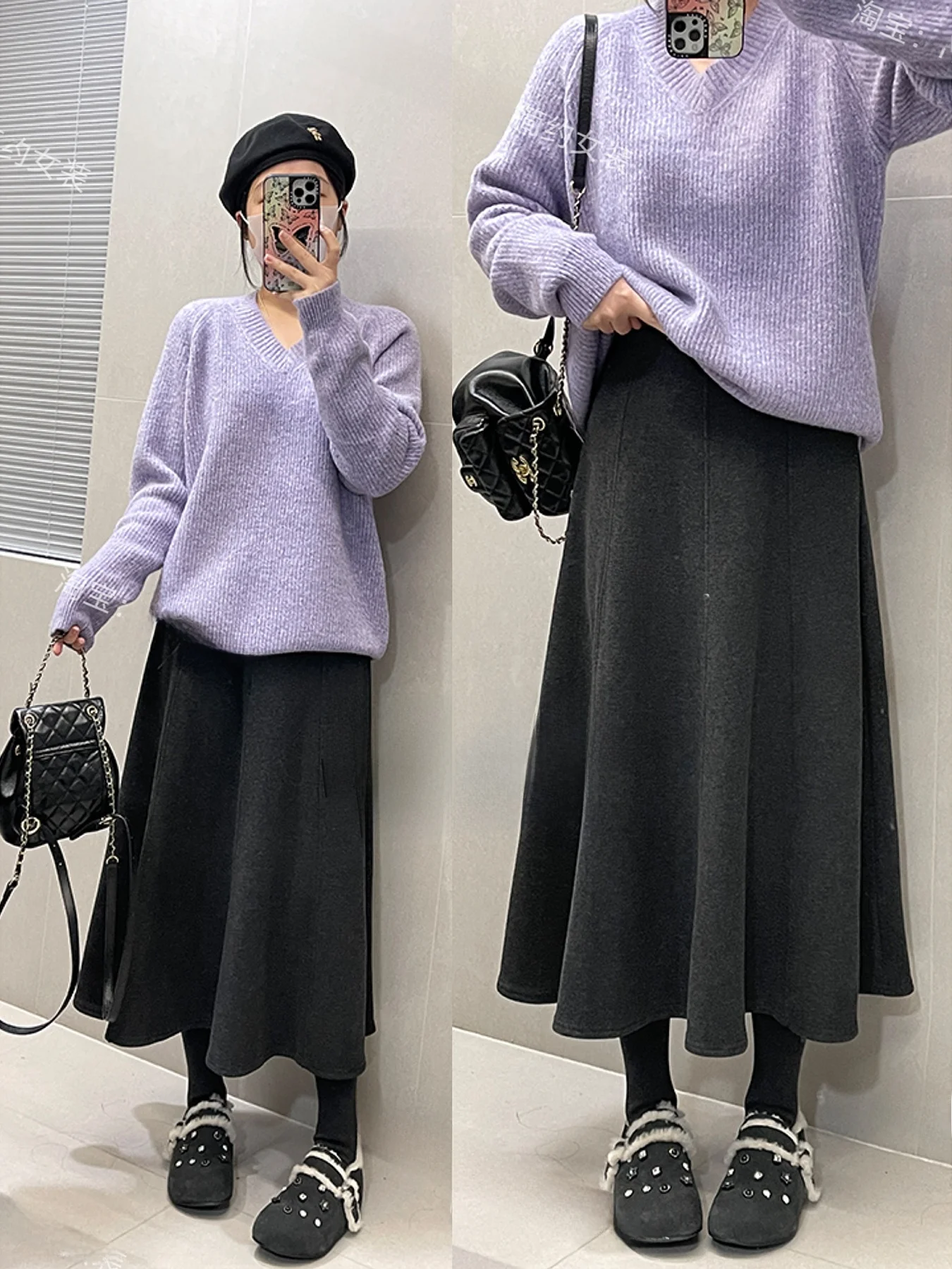 

Ele High Waist Fce Lined Woolen Bouffant Skirt Women's Faion Ci Commute High Elastici A-Line Long Umbrella Skirt