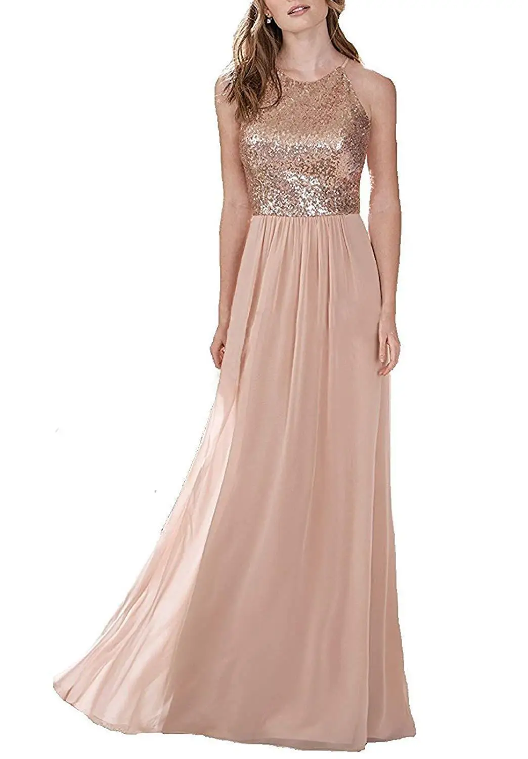 2 Style Rose Gold Bridesmaid Dresses A Line Spaghetti Backless Sequins Chiffon Long Beach Wedding Gust Dress Maid of Honor Gown