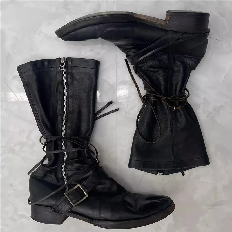 Botas de cavaleiro masculinas de couro macio preto estilo retrô alça cruzada zíper lateral botas de cano médio moda sapatos de cowboy ocidental