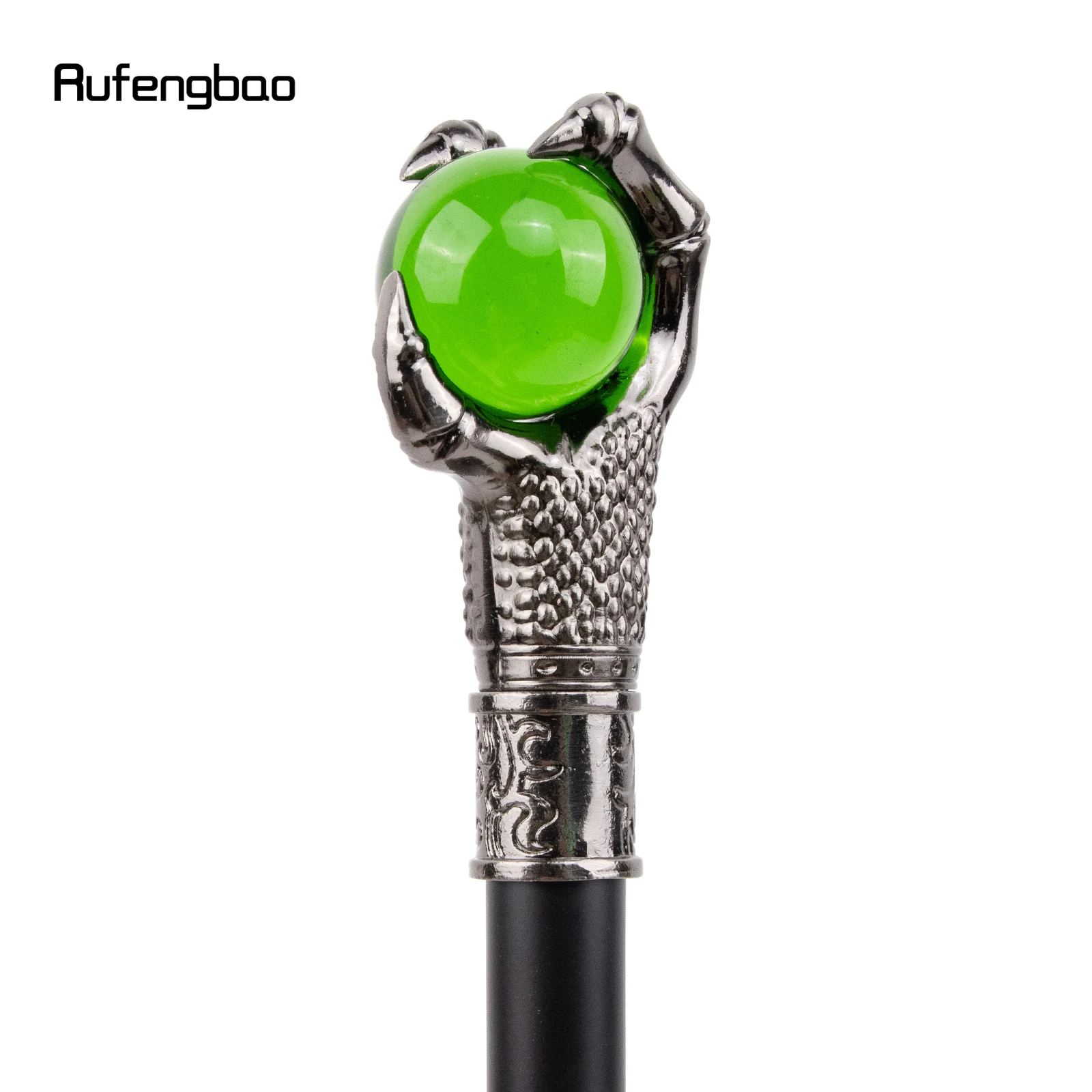 Dragon Claw Grasp Green Glass Ball Single Joint Silver Walking Stick with Hidden Plate Self Defense Cane Cosplay Crosier 93cm