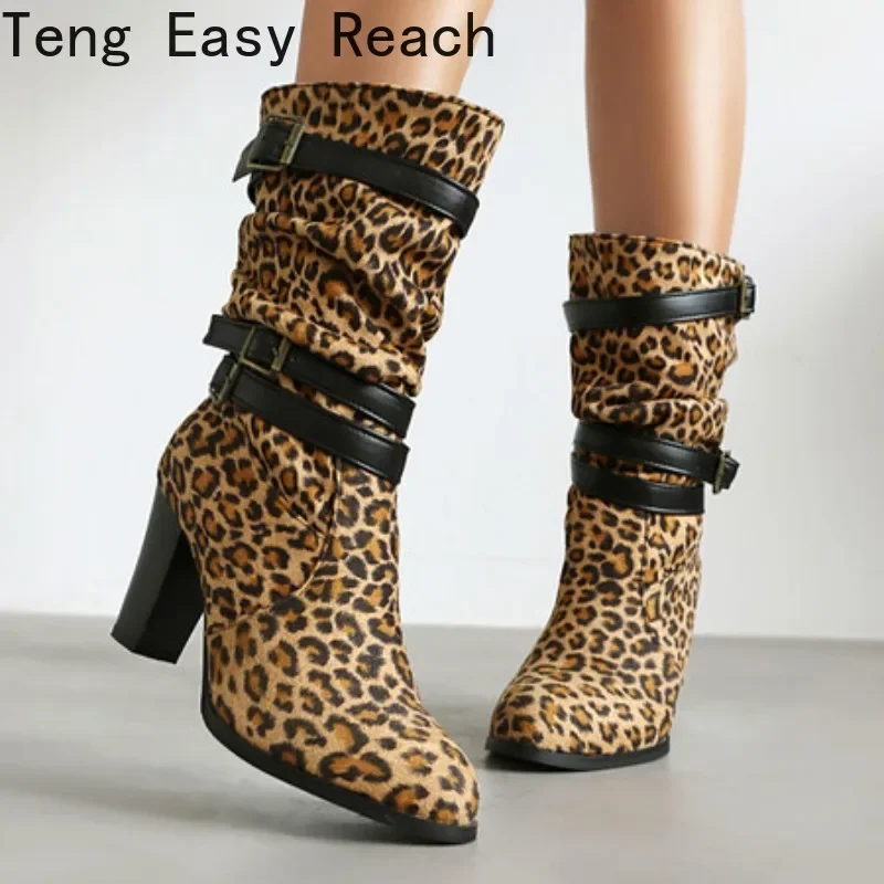 

Женские ботинки до середины икры, замшевые ботинки с острым носком и пряжками, брендовые 8 см, черные мотоциклетные ботинки из искусственной кожи, большой размер 48