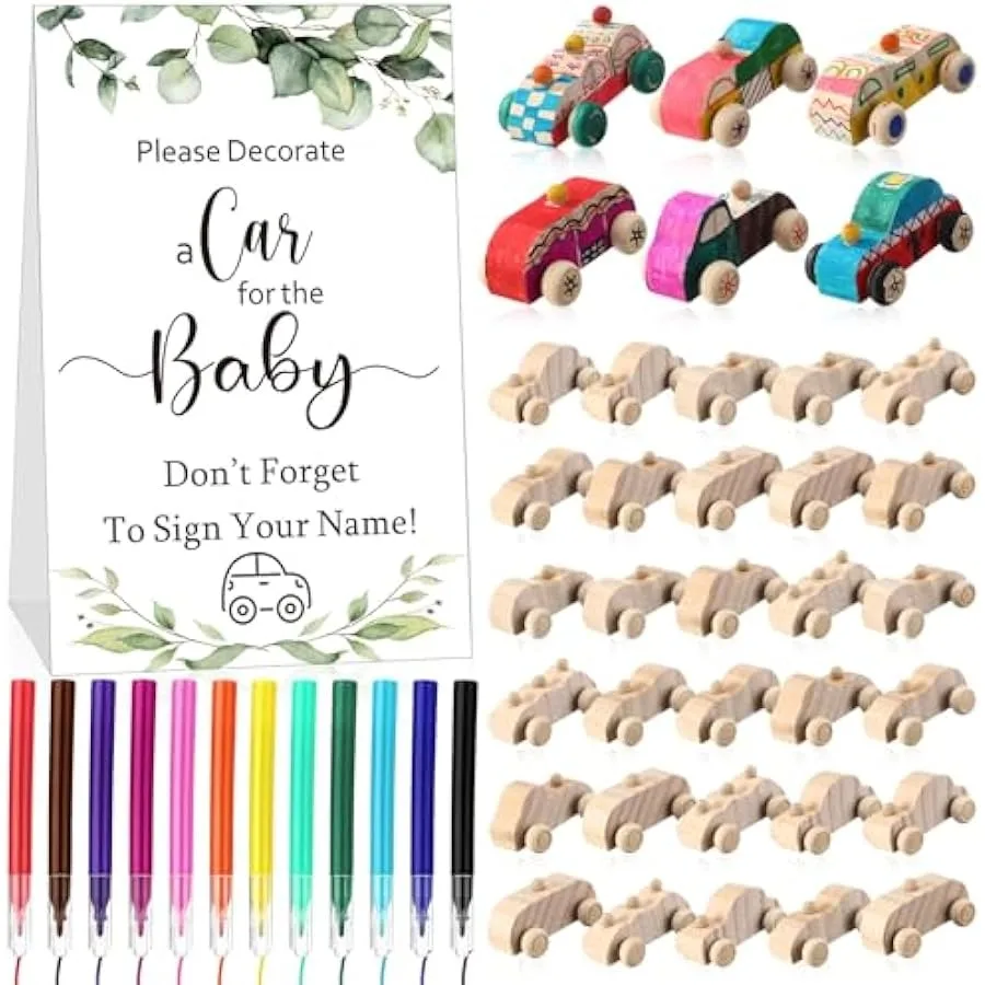 

WinnerWhy 45 Pcs Wood DIY Car Toys Includes 32 Unfinished Wooden Car Blocks 12 Markers and Baby Shower Game Sign for Baby Showe