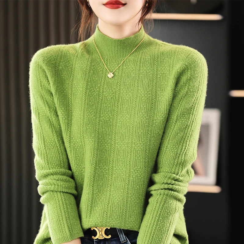 Fall/winter trendy single-line ready-to-wear 100% pure wool women's semi-high collar Waffle knitted cashmere sweater