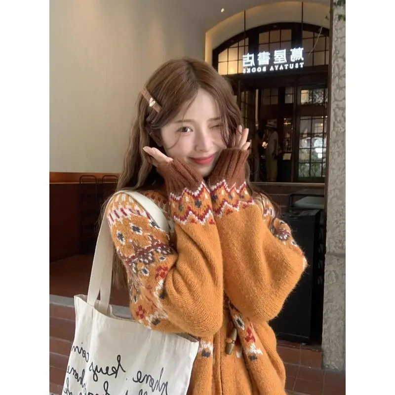 

Korean style retro sweater cardigan Women's Clothing autumn winter loose Knitwears outerwear keep warm thicken hooded zipper