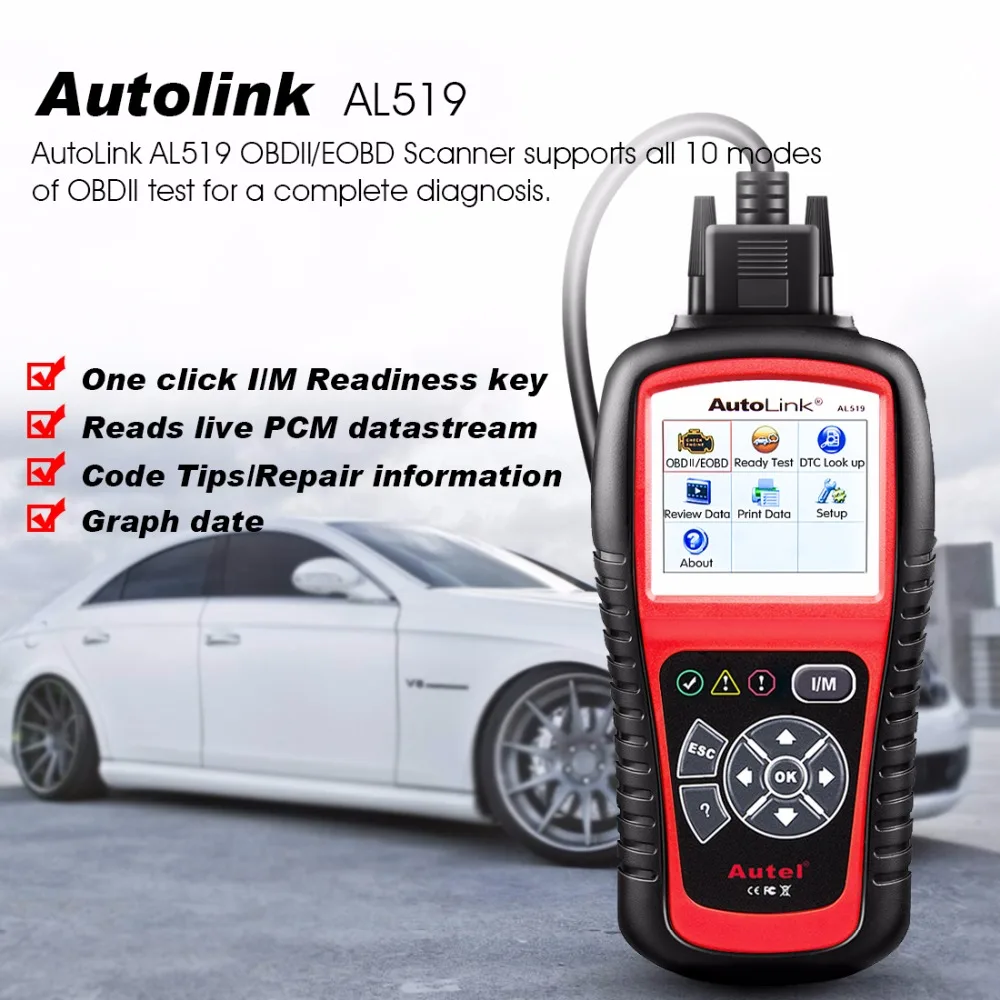 Autel AutoLink AL519 OBD2 Auto Diagnostic Tool CAN Fault Code Reader Scanner 10 Modes OBD Tests DTC Lookup Function