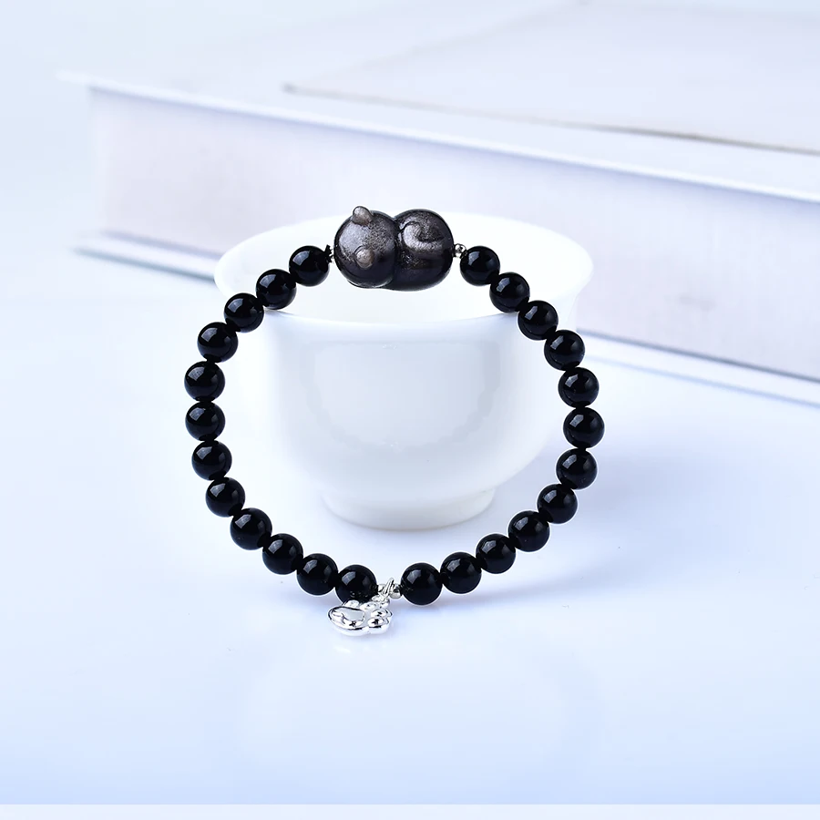 1PC Natural Obsidian Bracelet With Small Cat  Bead Healing Quartz Stretch Bangles for Women Girls Fashion Charm Jewelry DIY Gift