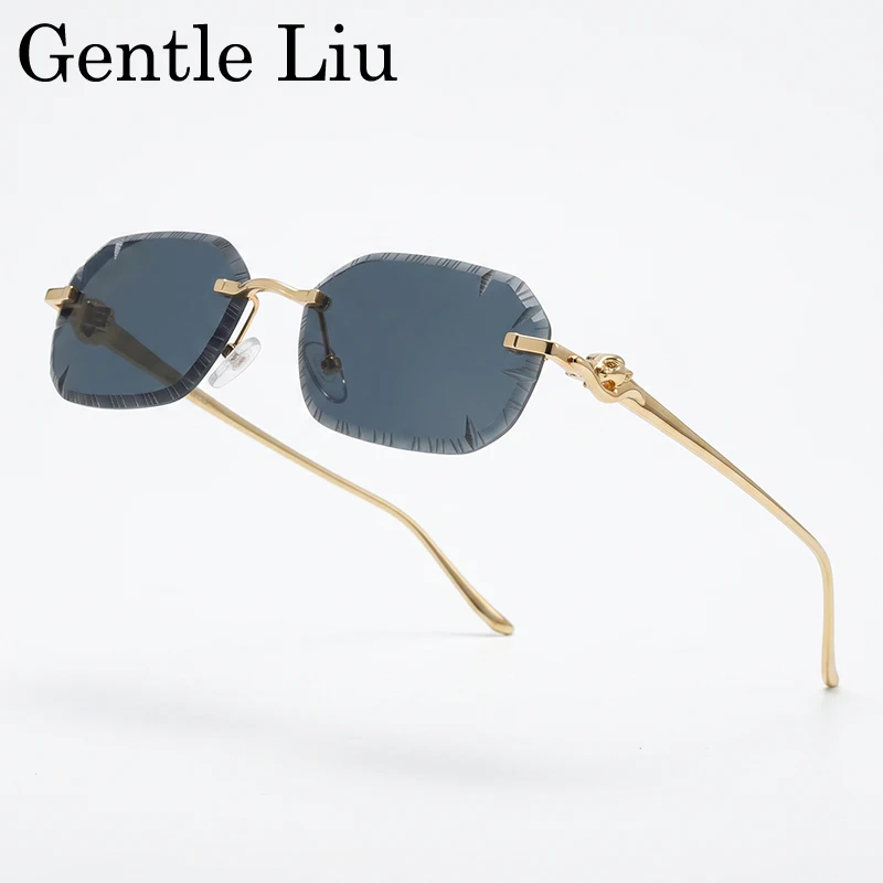 Small Rectangle Punk Rimless Sunglasses Men 2026 Luxury Designer Leopard Head Frameless Cut Edge Shades Retro Gold Metal Eyewear
