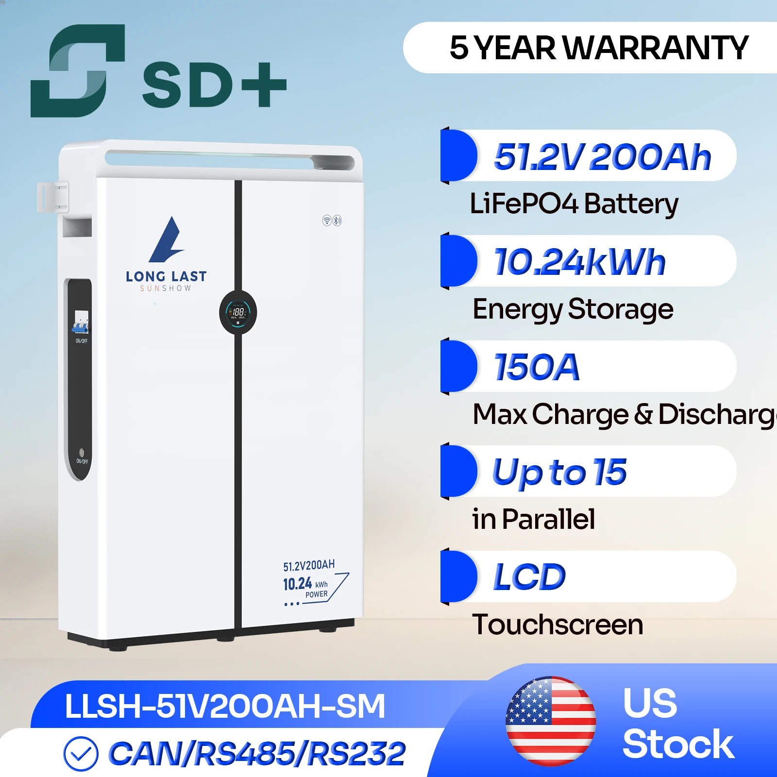 SANDISOLAR 51.2V 200Ah LiFePO4 Battery 10.24kWh Rack Mounted Floor Standing Solar Energy Storage CAN RS485 15 Parallel