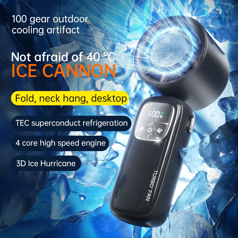2026 New Upgrade Digital Display 4000mAh Ice Cooling Mini Electric Fan Hanging Neck Handheld Fan Portable Turbo High-sp