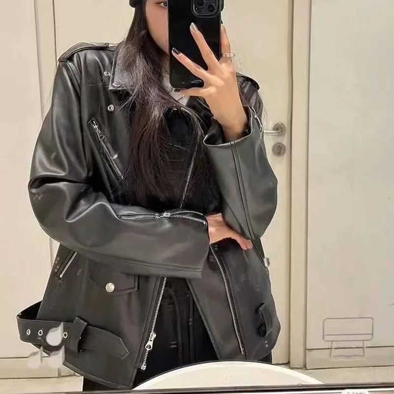 2023Genuine Leather Jacket Short Length  New Fashion Women Coat Spring Turn-Down Collar Clothes With Belt Moto & Biker Style