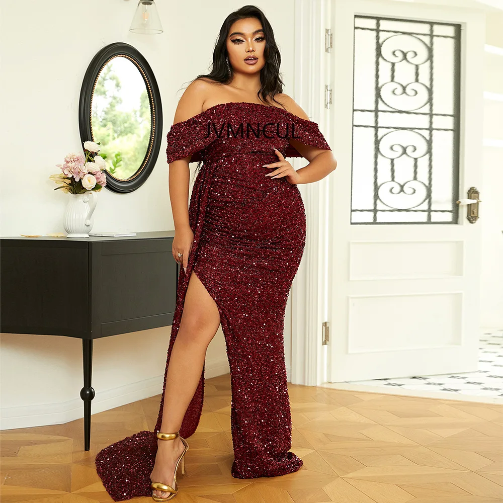 2025 Vestido de noche elegante de talla grande con lentejuelas brillantes de un solo hombro para Amazon Europa y América Comercio transfronterizo