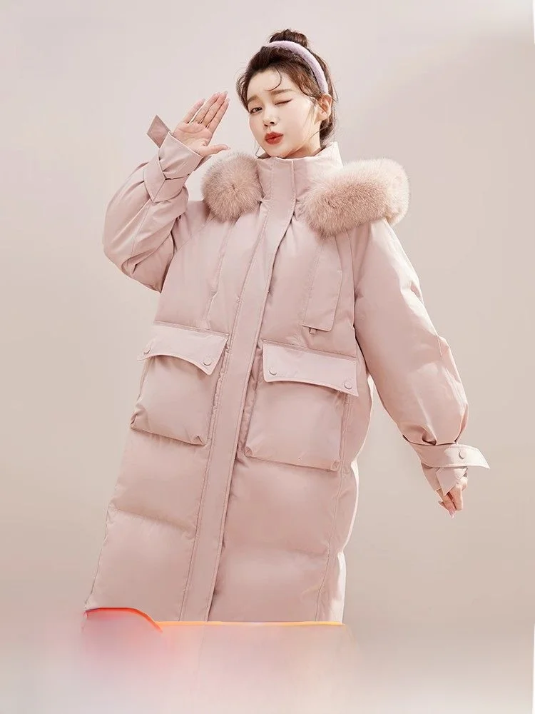 

Korean Sle Women's Long Thiened down Jaet aron Fur Collar Oversized ape Snow Flng 2026 Spring Collection