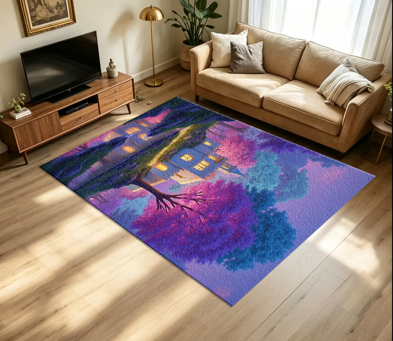 Dreamy Fantasy Castle Scenery Carpet Flooring Magical Colorful Forest Landscape Art Printed Floor Rug for Household Indoor Home Interior Decor